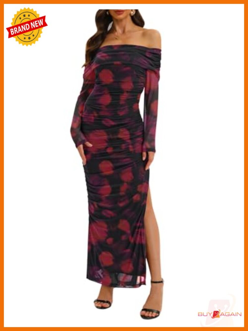 Off Shoulder Long Sleeve Mesh Bodycon Maxi Dress High Slit Formal
